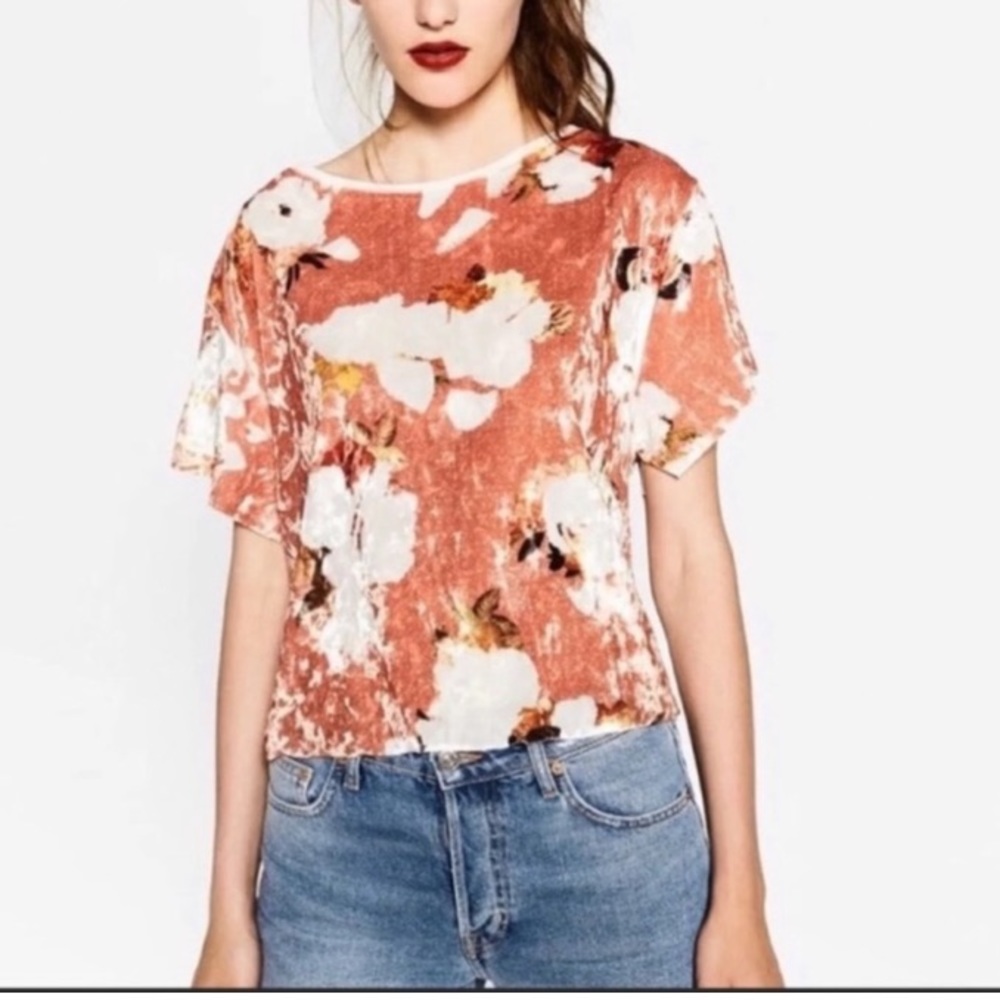 Zara peach velvet floral crop top mixed media